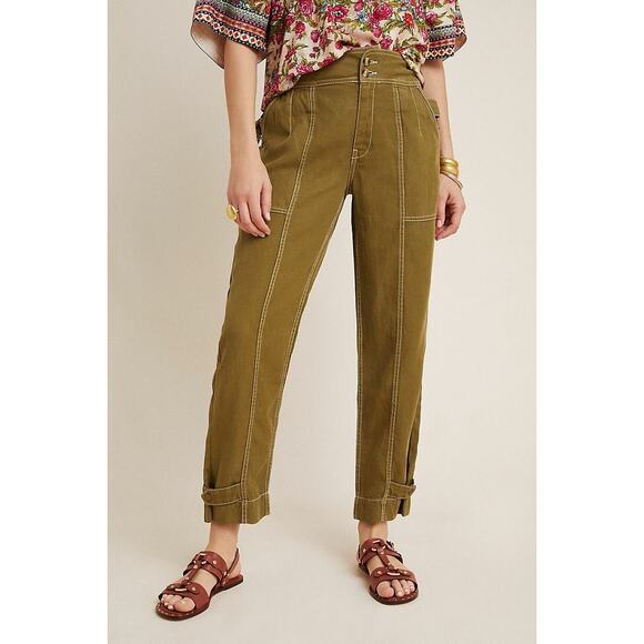 Anthropologie Green Linen Jackson Tapered Utility Pants Size 14 - Picture 1 of 16